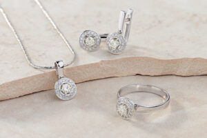 diamond necklace, earrings and ring