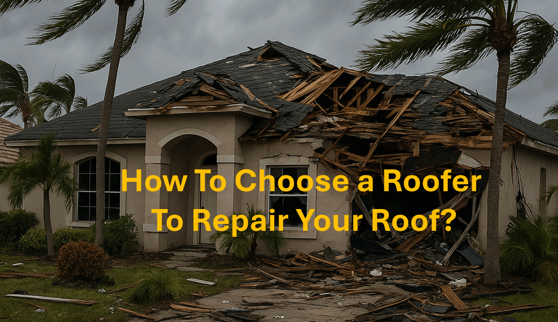 image of roof damage with words asking how to choose a roofer