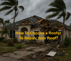 image of roof damage with words asking how to choose a roofer